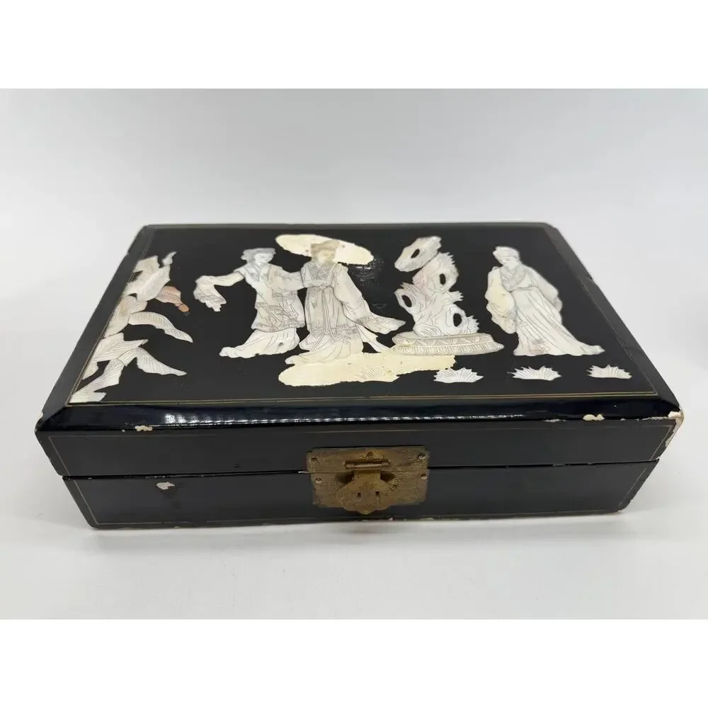 Asian Black Lacquer Jewelry Box Mother of Pearl Inlay Red Velvet 2.35 lb
